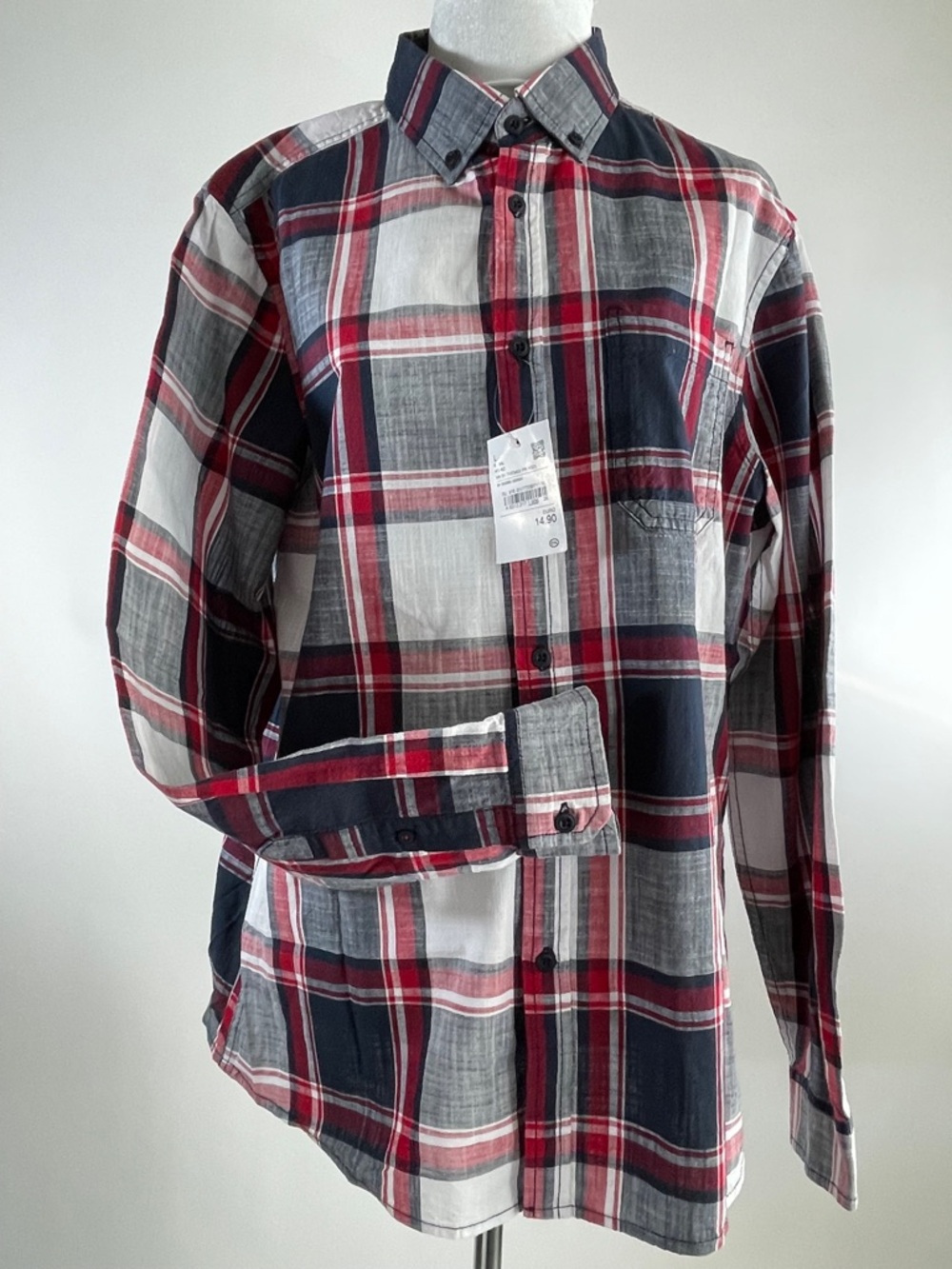 NWT Angelo Litrico Slim Fit Plaid Button Down Shirt  Preppy Red Wht Blue Cotton